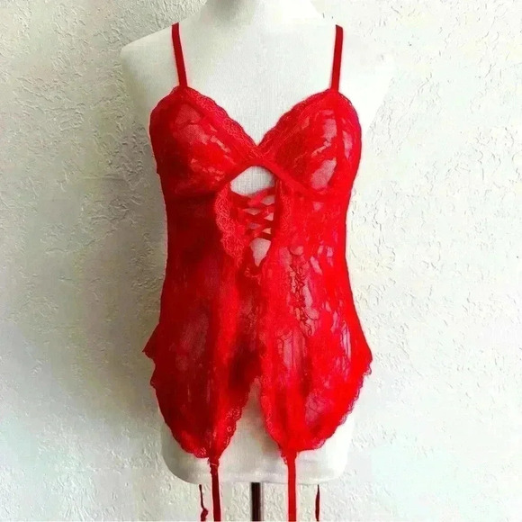 Red lace bustier with removable garter straps size medium - Picture 4 of 11